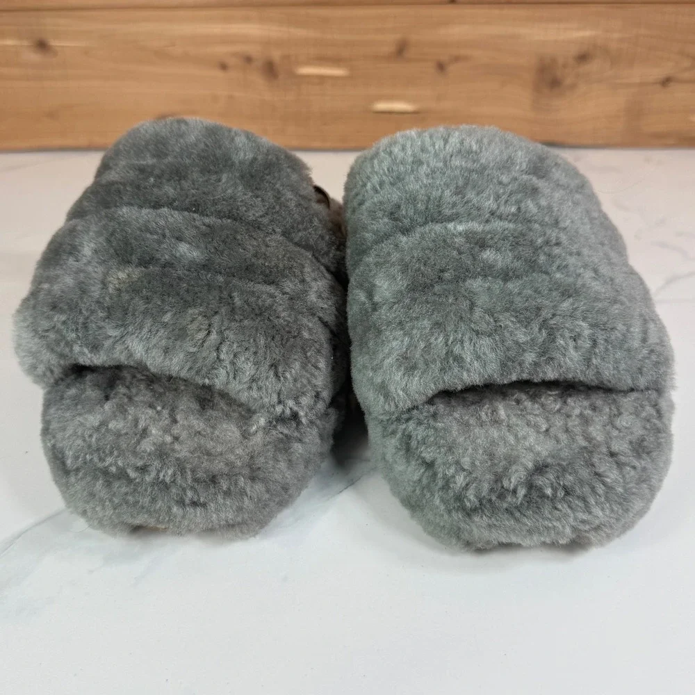 UGG Fluff Yeah Slide Charcoal Grey Kids Sheepskin Sandals Girl 2 Cozy Winter